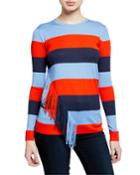 Striped Long-sleeve Cashmere-blend Slim-fit Top W/ Fringe Trim