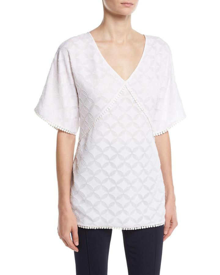 Medallion Fil Coupé V-neck Top, White