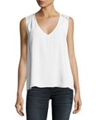 Pearl Sleeveless Lace-trim Crepe Top, White