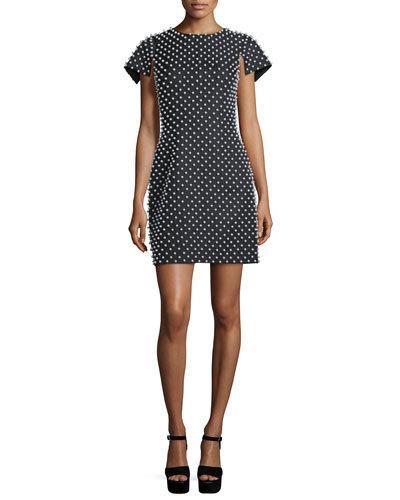 Pearl-embellished Short-sleeve Sheath Dress, Black