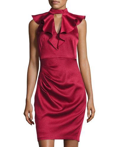 Ruffled Mock-neck Sheath Dress, Wine