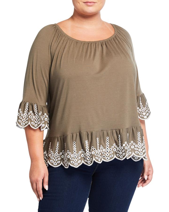 Plus Size Embroidered Scallop-trim Top