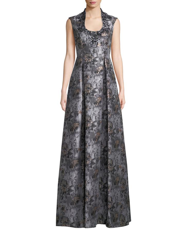 Jacquard Ball Gown W/ Embellished Collar