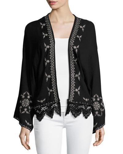 Embroidered Kimono With Lace Hem, Black
