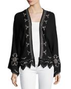 Embroidered Kimono With Lace Hem, Black