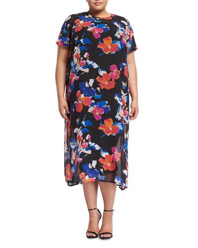 Short-sleeve Floral-print Shift Dress, Black,