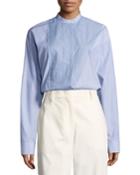 Band-collar Poplin Blouse, Blue/white