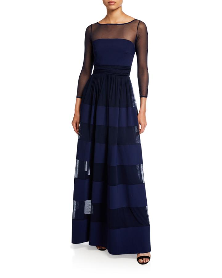 Bateau-neck Long-sleeve Sheer-yoke Striped Inset Gown