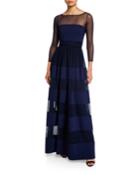 Bateau-neck Long-sleeve Sheer-yoke Striped Inset Gown