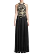 Embroidered Halter-neck Illusion Gown
