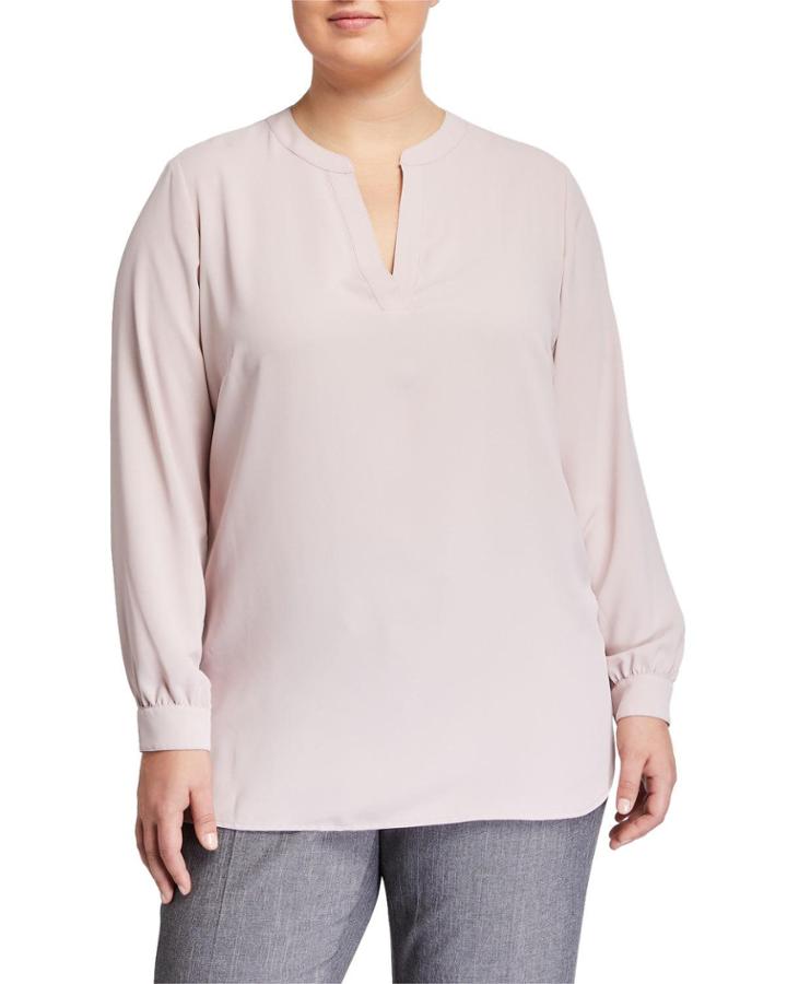 Plus Size Split-neck Long-sleeve Blouse
