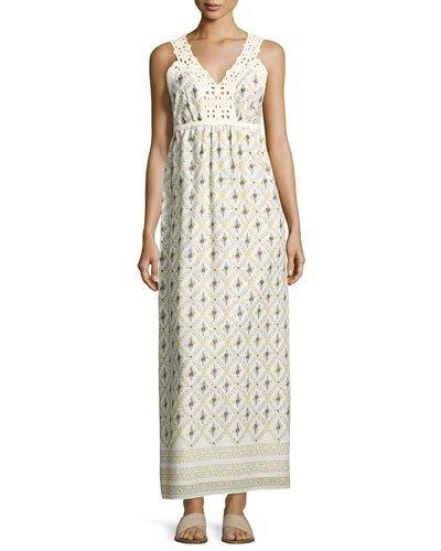 Printed Cotton Crepe Maxi Dress, Yellow Pattern