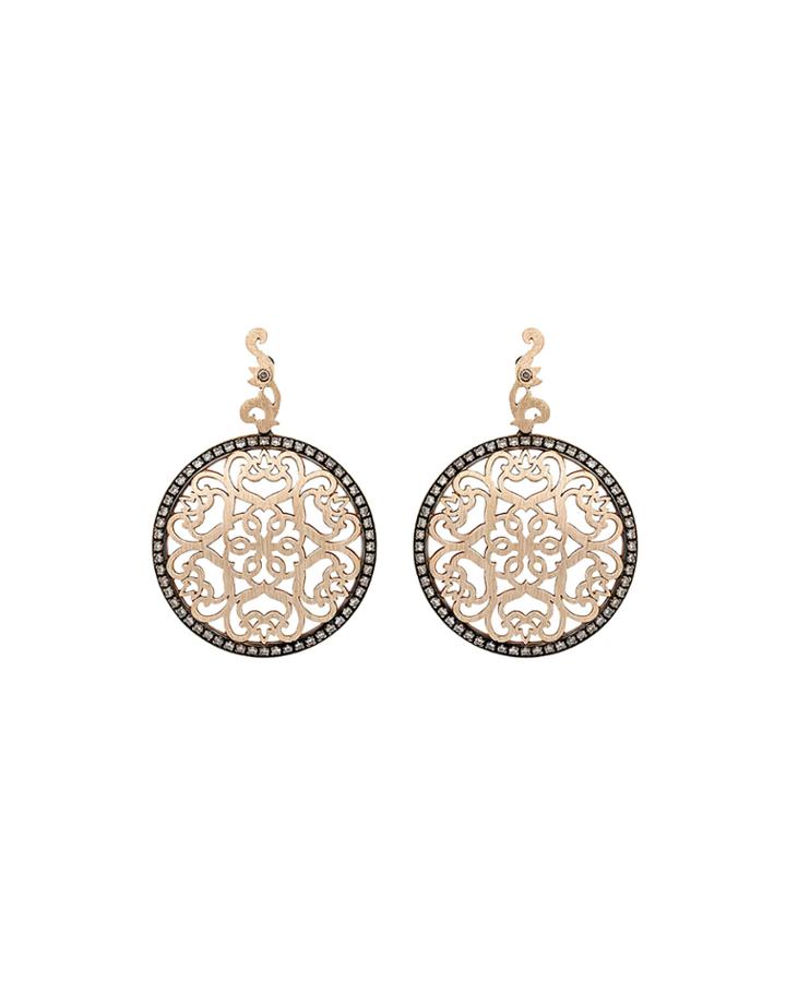 18k Rose Gold Brown Diamond-trim Drop Earrings,