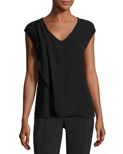 V-neck Asymmetric Overlay Top, Black