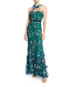 Printed Tulle Illusion Halter Gown With 3d Flower Degrade