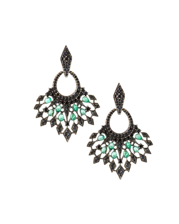 Silver Flare Drop Earrings With Green Emerald & Black