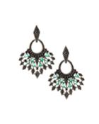 Silver Flare Drop Earrings With Green Emerald & Black