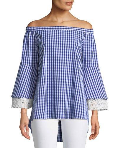 Off-the-shoulder Gingham Crochet-cuff Blouse