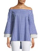Off-the-shoulder Gingham Crochet-cuff Blouse