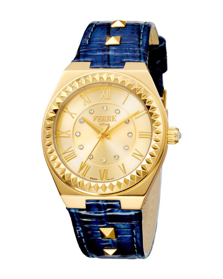 Women's 36mm Stainless Steel Spike Watch With Leather Strap, Golden/blue
