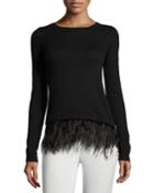 Milly Feather-trim Long-sleeve Sweater, Black, Women's,