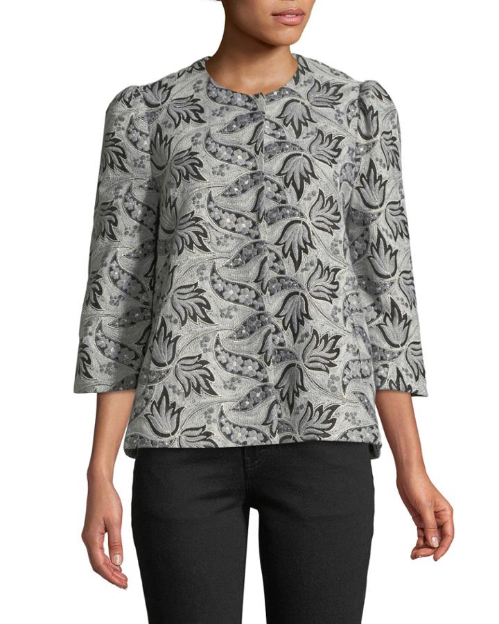 3/4-sleeve Button-front Embroidered Jacquard Evening Jacket