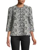 3/4-sleeve Button-front Embroidered Jacquard Evening Jacket