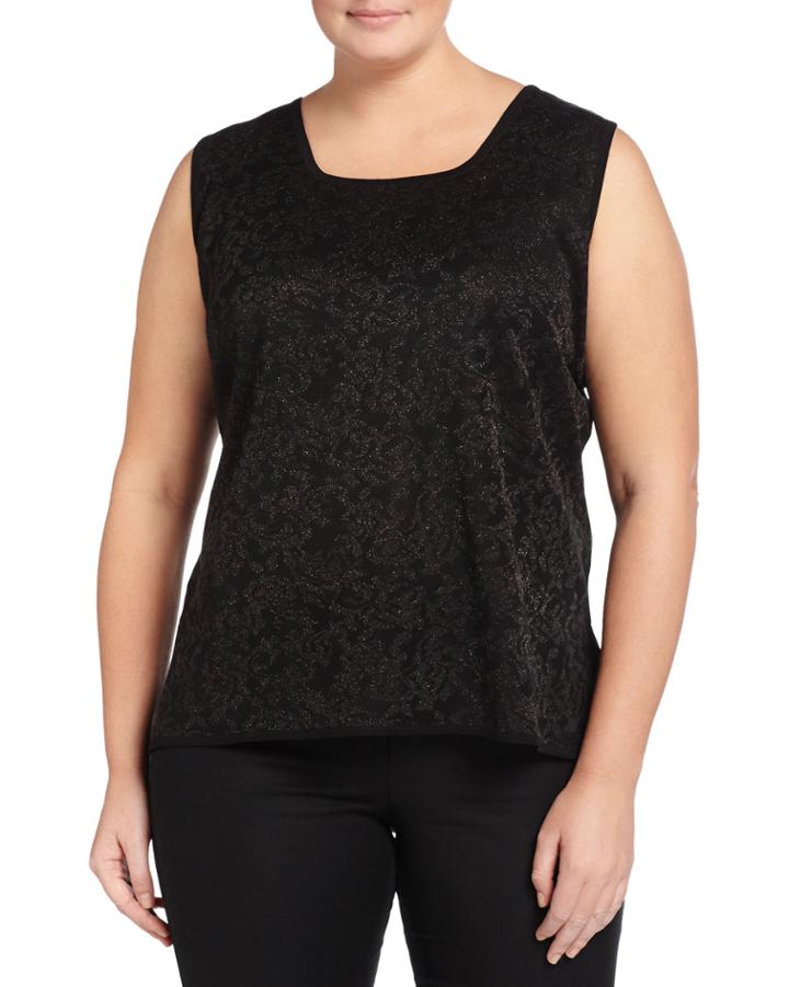 Ming Wang Plus Square-neck Shimmer-knit Tank, Black, Women's,