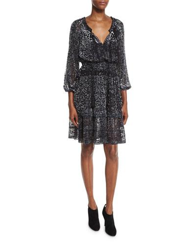 Olsen 3/4-sleeve Semisheer Floral-print Dress, Black