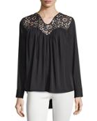 Lace-yoke Long-sleeve Blouse, Black