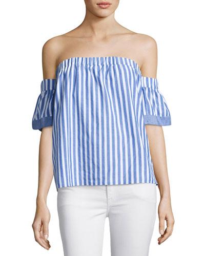 Off-the-shoulder Striped Poplin Blouse,