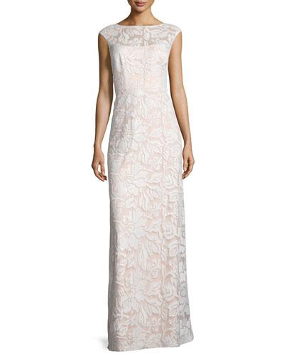Cap-sleeve Sequined Lace Column Gown