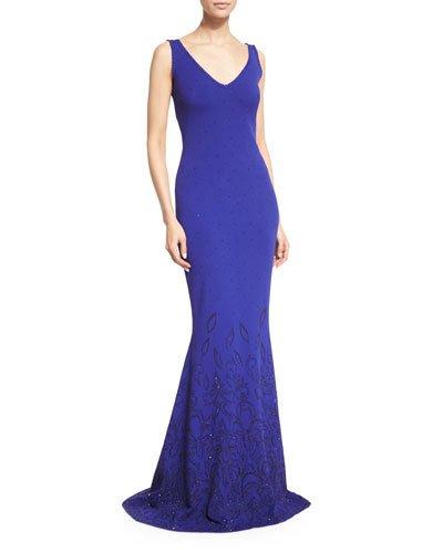 Embellished Knit V-neck Gown, Indigo