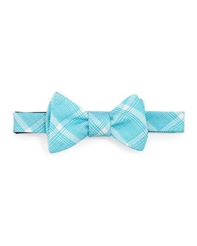 Plaid Cotton-blend Bow Tie, Aqua/white