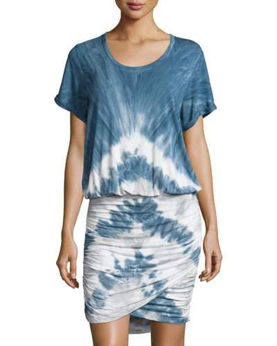 Elise Short-sleeve Tie-dye Blouson Dress, Cobalt Chevron