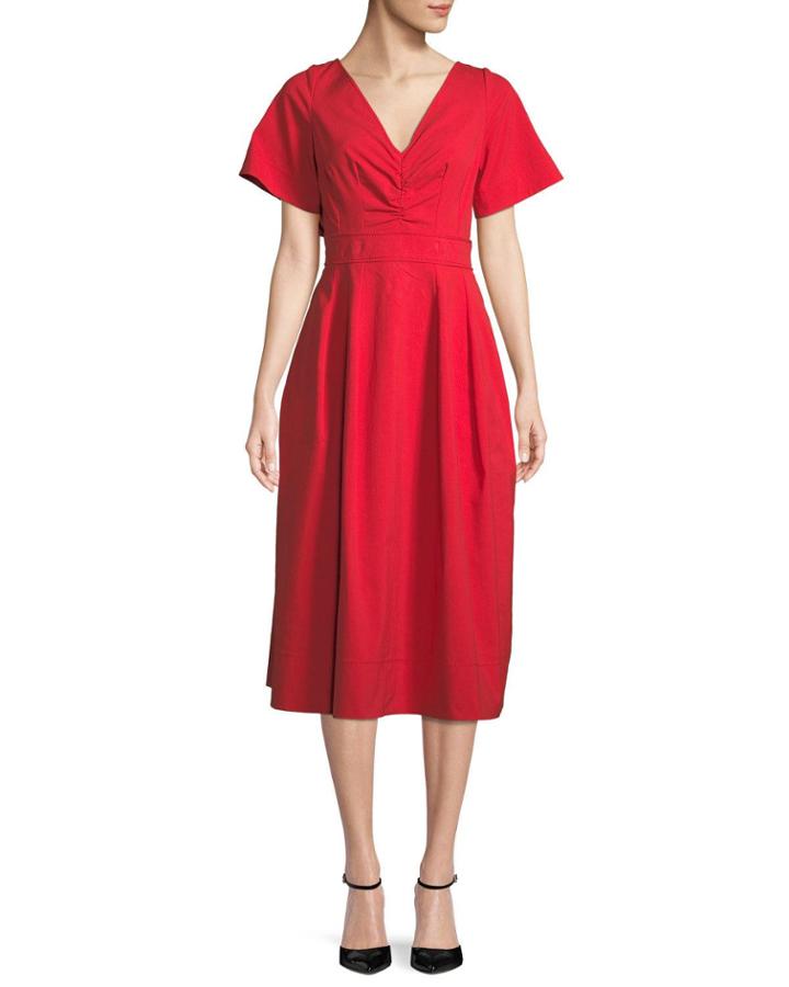 Back-bow V-neck Short-sleeve Lace-guipure