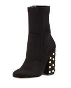 Embellished Faux-suede Pearly-heel Bootie