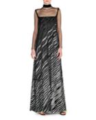 Metallic Illusion Mock-neck Gown, Black/silver