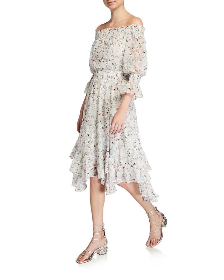 Off-the-shoulder Floral-printed Swiss Dot Ruffle Dress W/