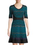 Chevron-striped Short-sleeve Midi Dress, Blue
