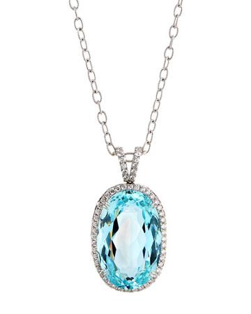 18k White Gold Oval Aquamarine & Diamond Pendant Necklace,