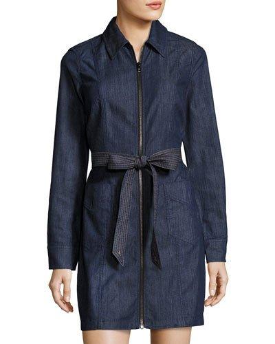 Long-sleeve Zip-front Denim Dress, Dark Blue
