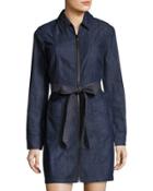 Long-sleeve Zip-front Denim Dress, Dark Blue