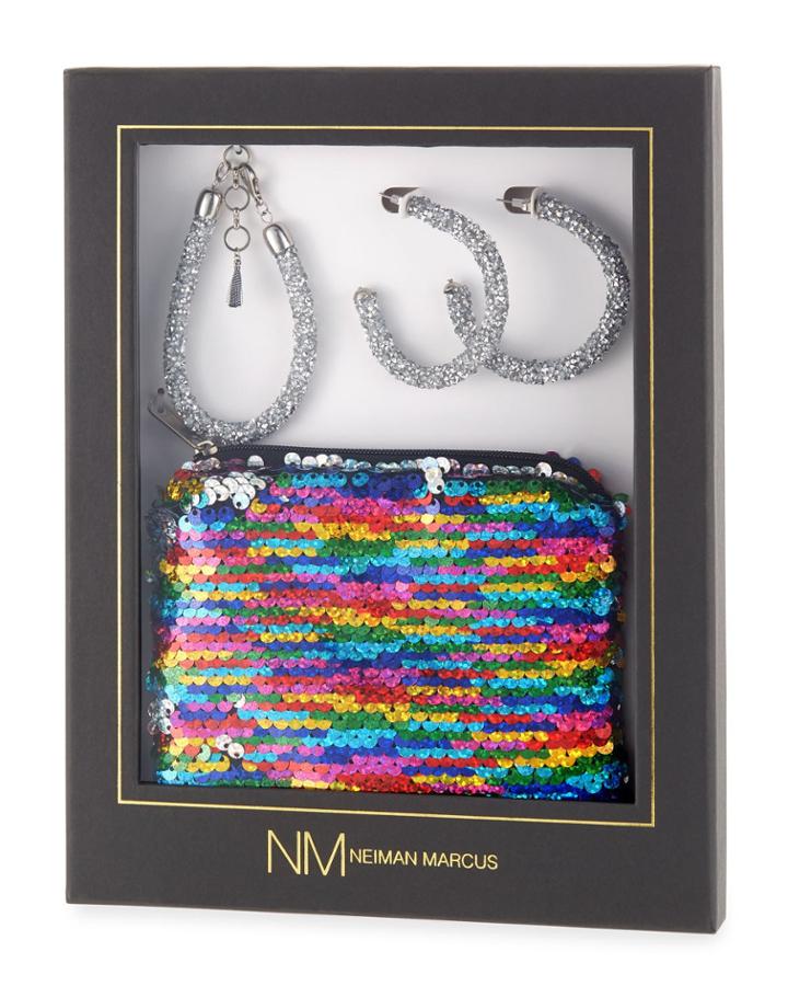 Sequin Pouch, Earrings & Bracelet Gift Set, Rainbow/silver