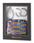 Sequin Pouch, Earrings & Bracelet Gift Set, Rainbow/silver