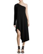 Asymmetric One-shoulder Long-sleeve Dress, Black