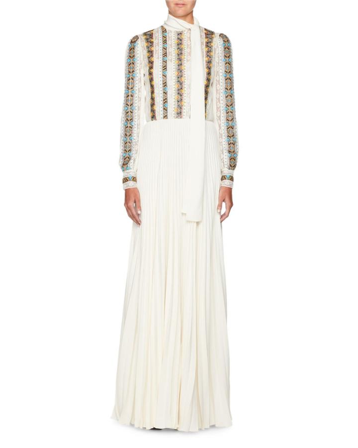 Long-sleeve Embroidered Chiffon Dress With Pleated Cady