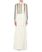 Long-sleeve Embroidered Chiffon Dress With Pleated Cady