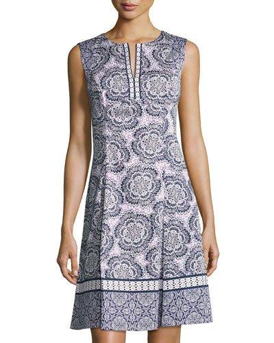 Flower-print Fit-and-flare Dress, Purple/white