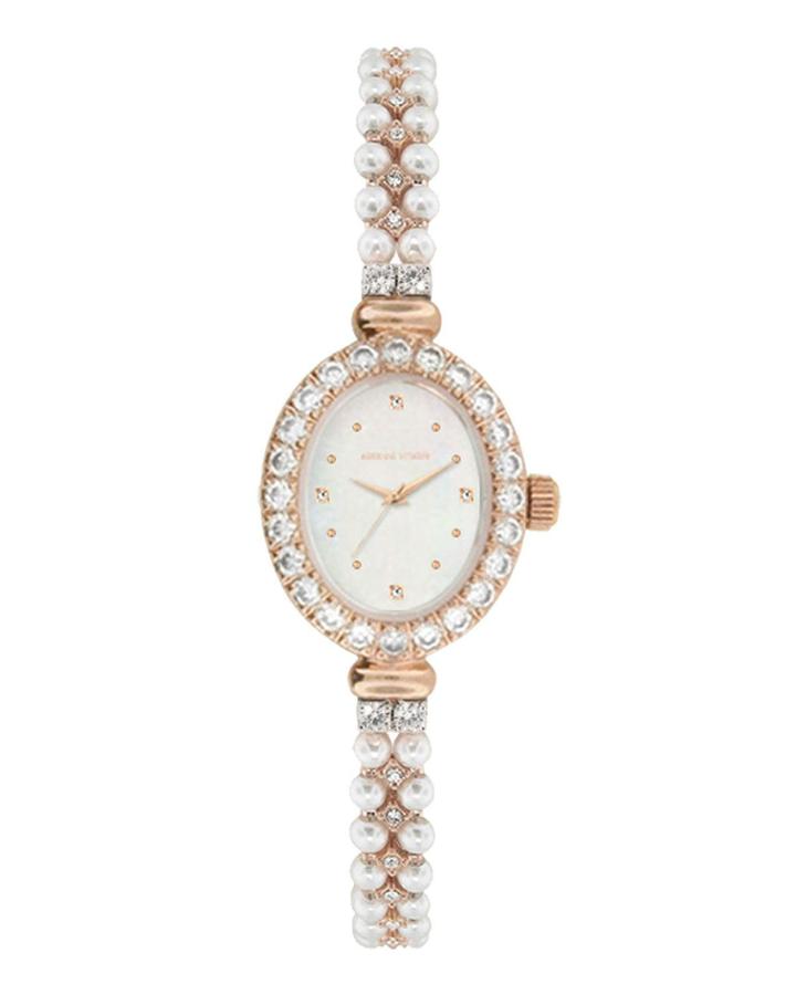 30mm Crystal Oval Watch W/ Pearly Strap, Rose Gold